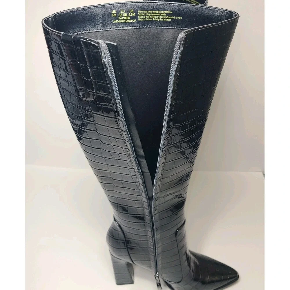 DKNY Knee High Boots Size 8M Black Croc Embossed Block Heel Charcoal Iridescent